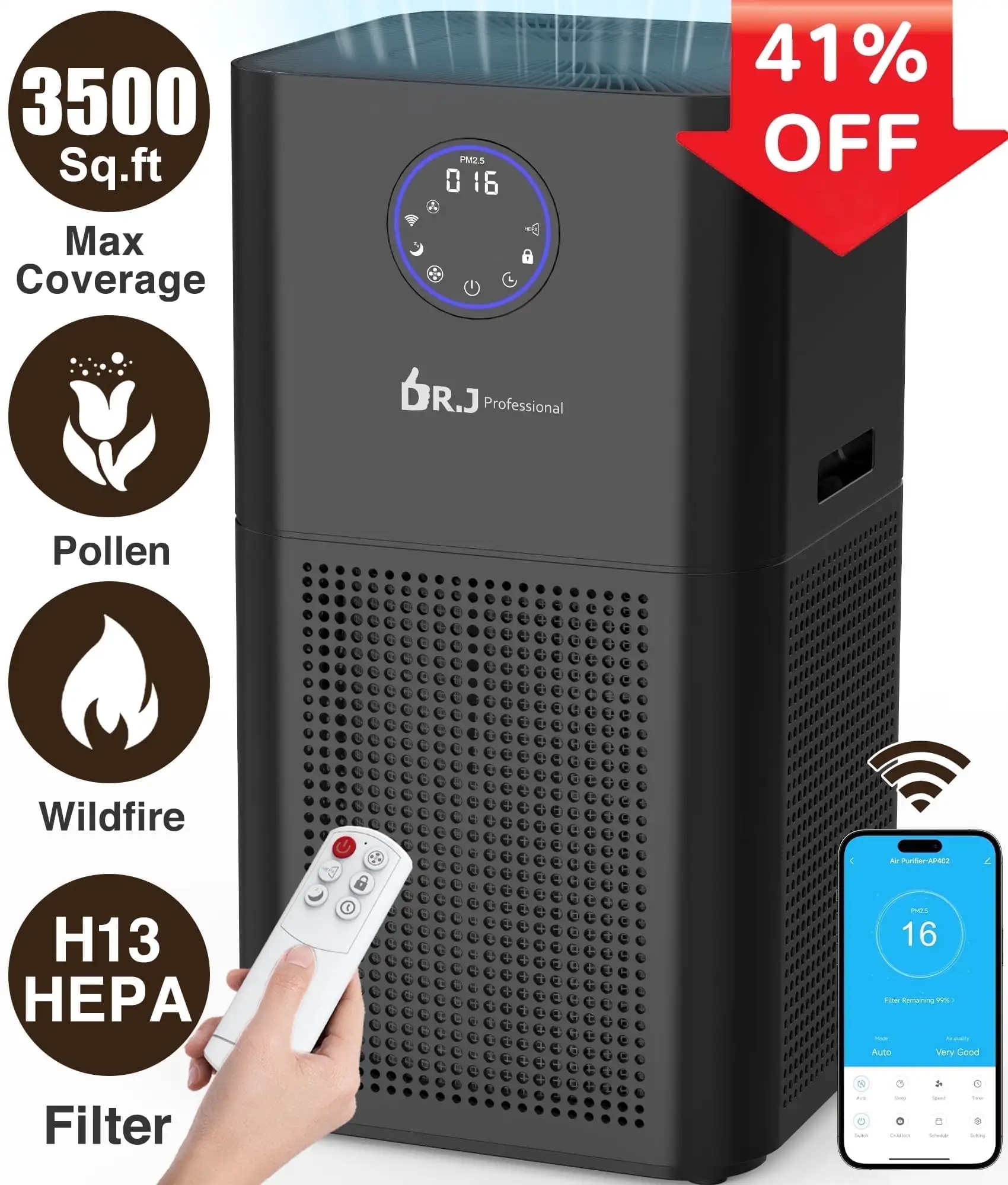 Air Purifier for Large Rooms 3500 Sq.ft, HEPA Air Purifiers for Wildfire, Pet Fur,Pollen,AP404,Black
